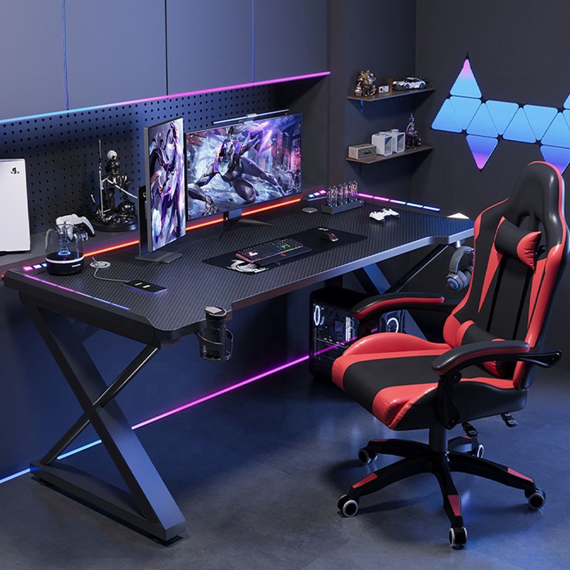 Esports Gaming Top - Tischplatte mit Kohlefaser-Textur, RGB-Ambientebeleuchtung, XK-förmige Tischbeine